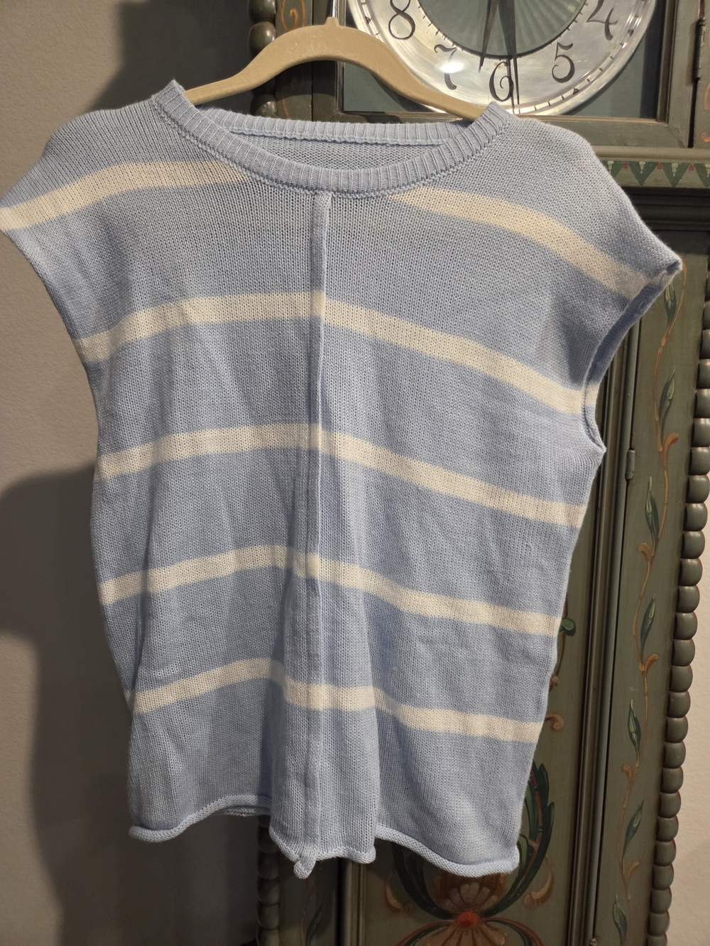 Light Blue and Cream Striped Knit Sleeveless Top